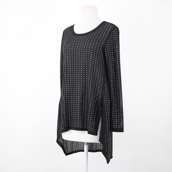 Joseph Ribkoff Sz 8 Black Silver Studded Open Knit Asymmetrical Jersey Hi Lo Top