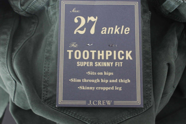 J Crew Toothpick NEW $98 Sz 27 X 28 Moss Green Ankle Cotton Blend Pant