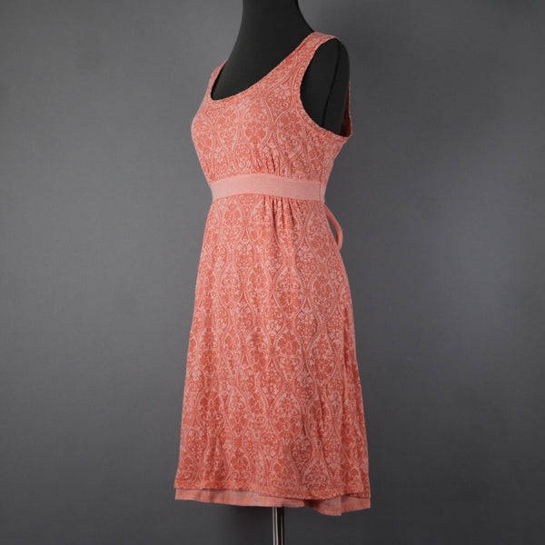 Telluride Sz M Peach Pink Print Empire Tied Back Cotton Polyester Knit Dress