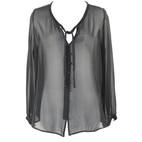 Joie Sz S Black Sheer Button Front Bead Neck Tie Cuffs 100% Silk Blouse Top