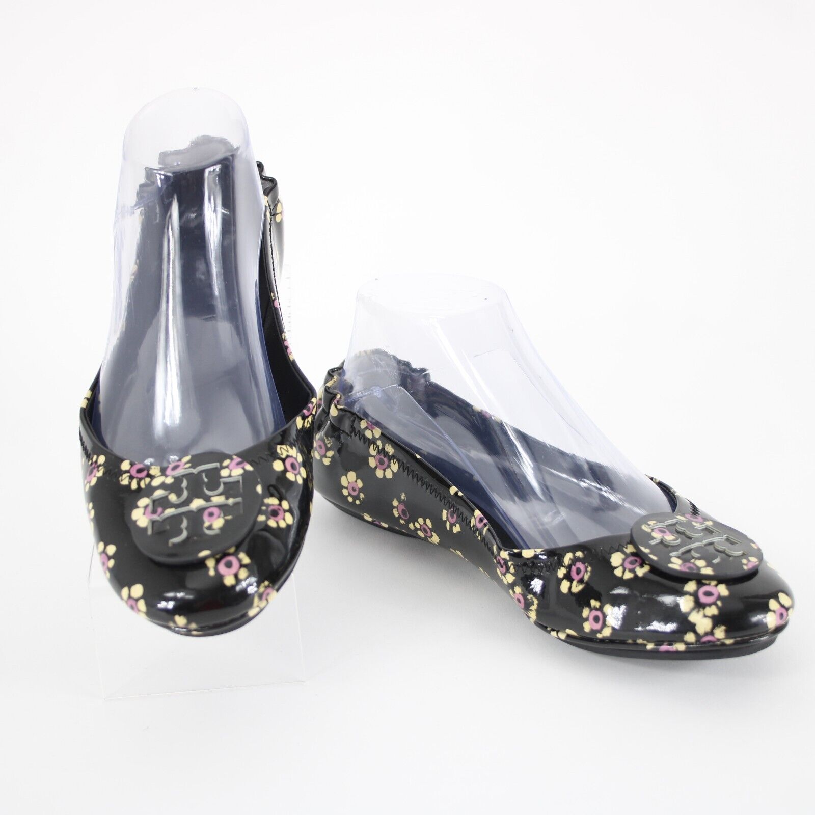 Tory Burch Sz 8M Black Yellow Pink Floral Logo Leather Rubber Sole Ballet Flat