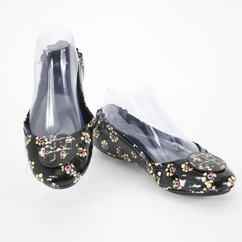 Tory Burch Sz 8M Black Yellow Pink Floral Logo Leather Rubber Sole Ballet Flat