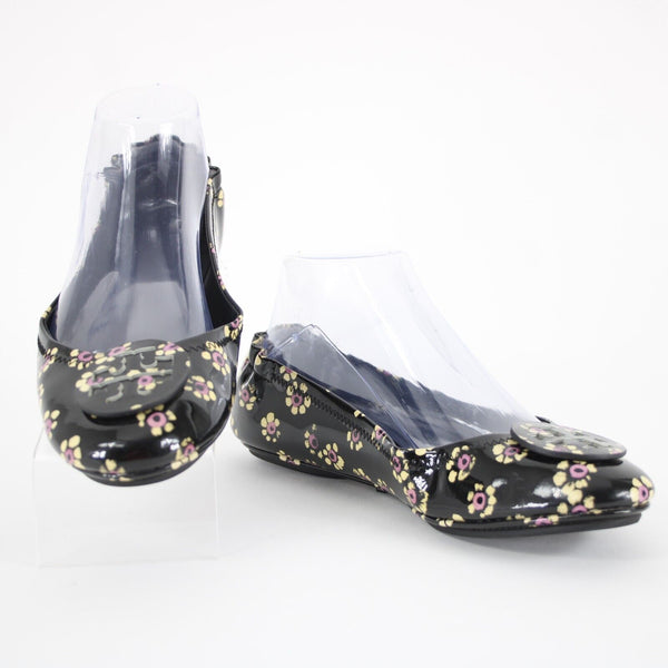 Tory Burch Sz 8M Black Yellow Pink Floral Logo Leather Rubber Sole Ballet Flat