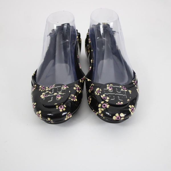 Tory Burch Sz 8M Black Yellow Pink Floral Logo Leather Rubber Sole Ballet Flat