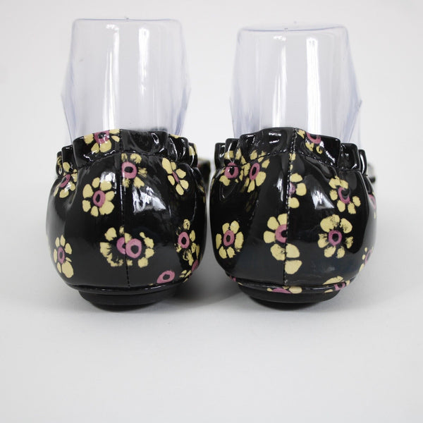 Tory Burch Sz 8M Black Yellow Pink Floral Logo Leather Rubber Sole Ballet Flat