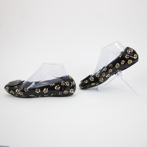 Tory Burch Sz 8M Black Yellow Pink Floral Logo Leather Rubber Sole Ballet Flat