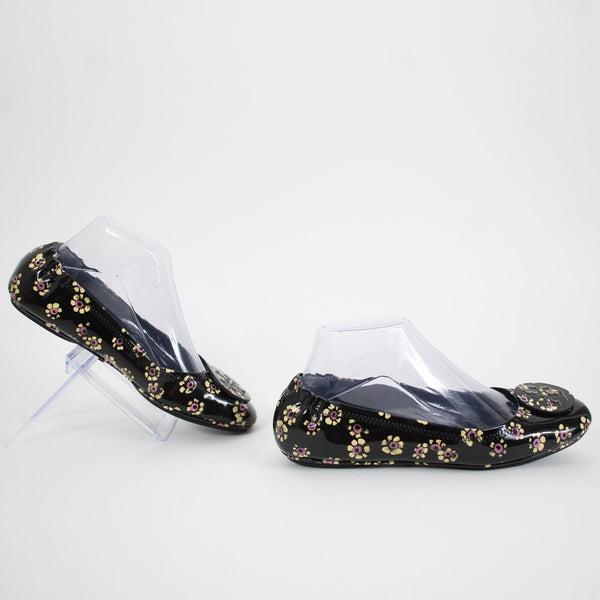 Tory Burch Sz 8M Black Yellow Pink Floral Logo Leather Rubber Sole Ballet Flat