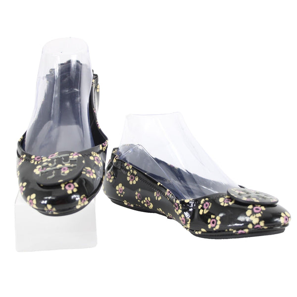 Tory Burch Sz 8M Black Yellow Pink Floral Logo Leather Rubber Sole Ballet Flat