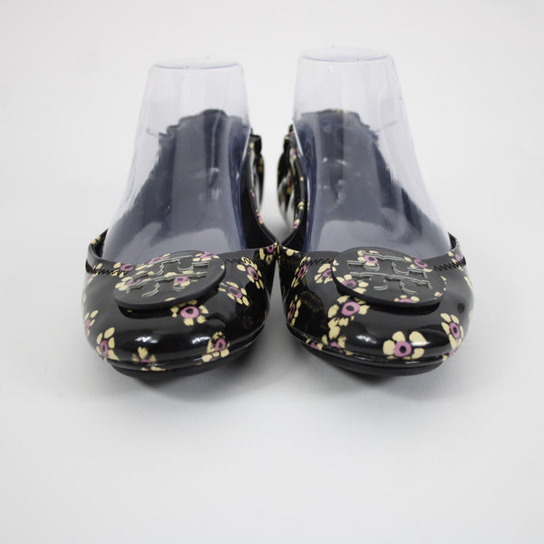 Tory Burch Sz 8M Black Yellow Pink Floral Logo Leather Rubber Sole Ballet Flat