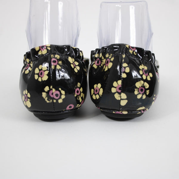Tory Burch Sz 8M Black Yellow Pink Floral Logo Leather Rubber Sole Ballet Flat
