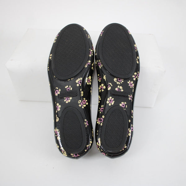 Tory Burch Sz 8M Black Yellow Pink Floral Logo Leather Rubber Sole Ballet Flat