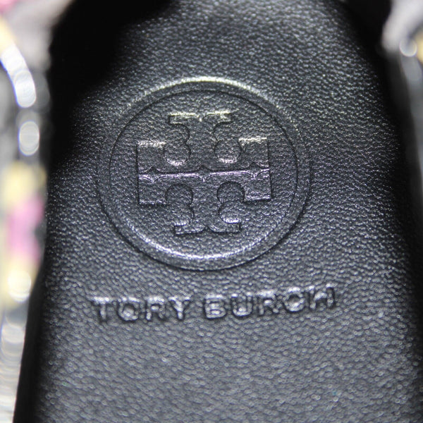 Tory Burch Sz 8M Black Yellow Pink Floral Logo Leather Rubber Sole Ballet Flat