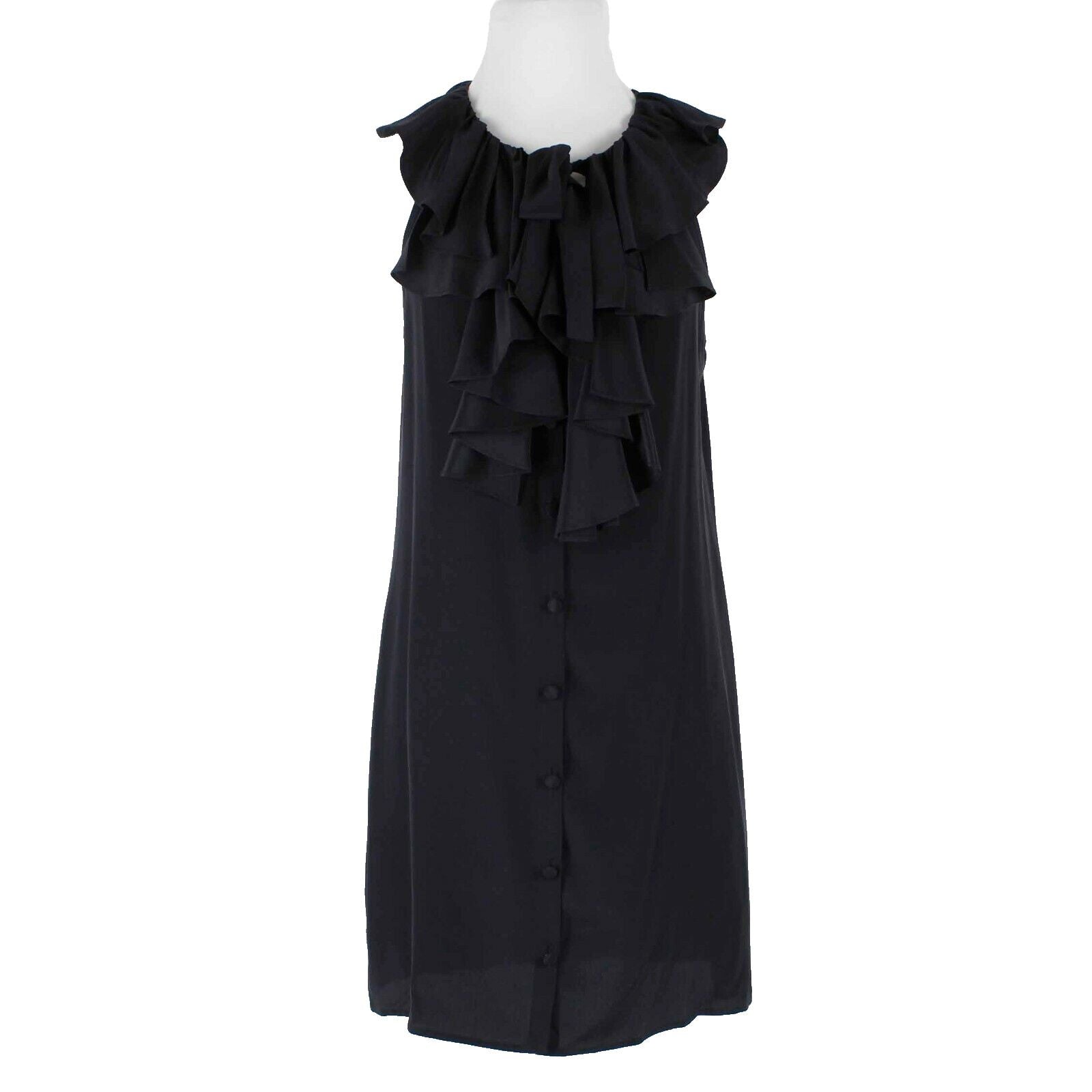 Fifteen Twenty Sz L Black Ruffle Neck Button Front 100% Silk Dress