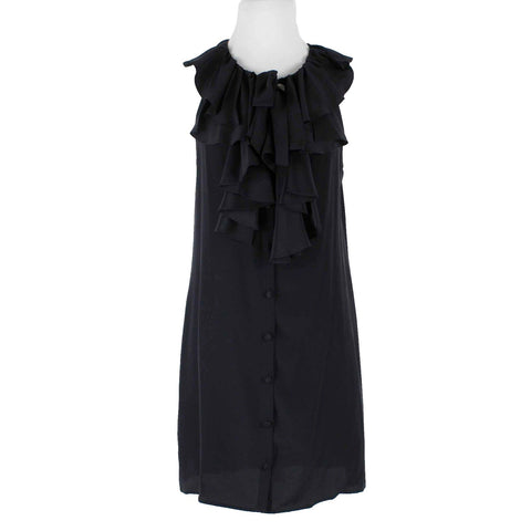 Fifteen Twenty Sz L Black Ruffle Neck Button Front 100% Silk Dress
