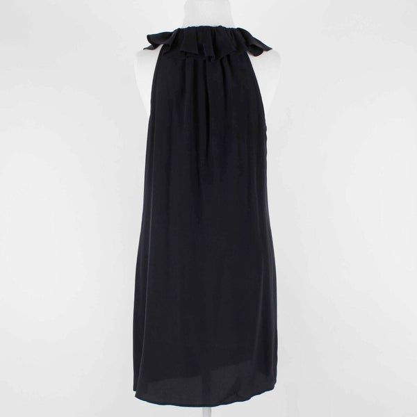 Fifteen Twenty Sz L Black Ruffle Neck Button Front 100% Silk Dress