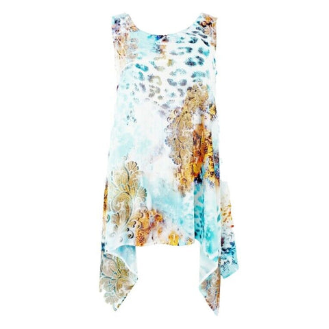 S Twelve Sz S White Aqua Blue Multi Rhinestone Beaded Asym Poly Blnd Top