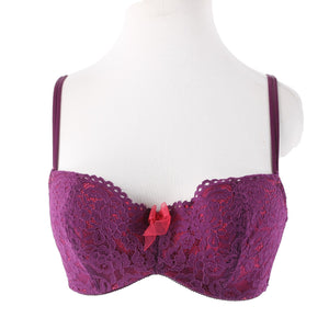 B Tempted Sz 34D Purple Lace Hot Pink Lined Lacey Balconette Nylon Blend Bra