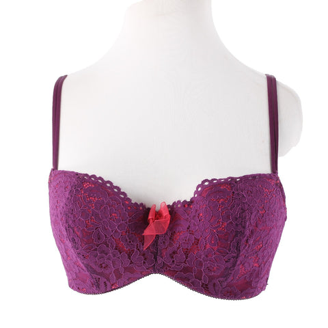 B Tempted Sz 34D Purple Lace Hot Pink Lined Lacey Balconette Nylon Blend Bra