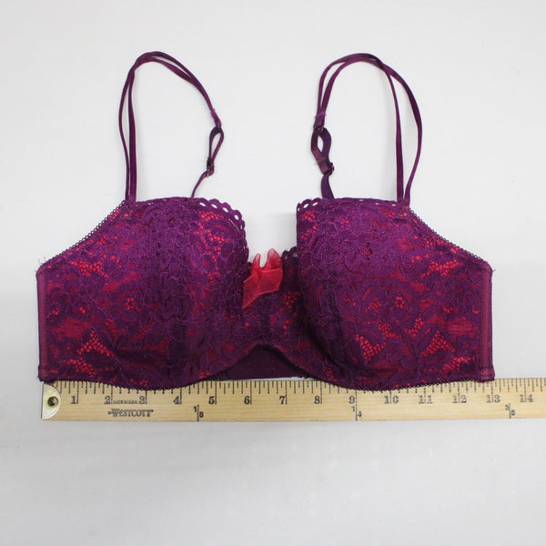 B Tempted Sz 34D Purple Lace Hot Pink Lined Lacey Balconette Nylon Blend Bra