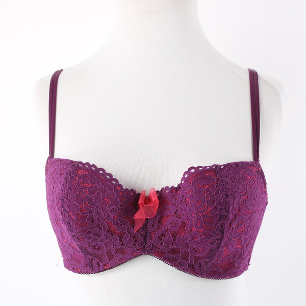 B Tempted Sz 34D Purple Lace Hot Pink Lined Lacey Balconette Nylon Blend Bra