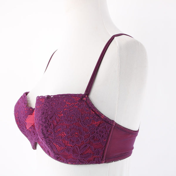 B Tempted Sz 34D Purple Lace Hot Pink Lined Lacey Balconette Nylon Blend Bra