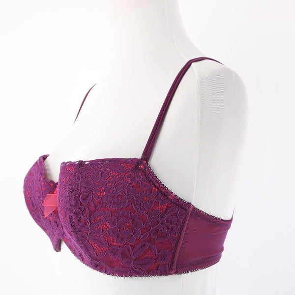 B Tempted Sz 34D Purple Lace Hot Pink Lined Lacey Balconette Nylon Blend Bra
