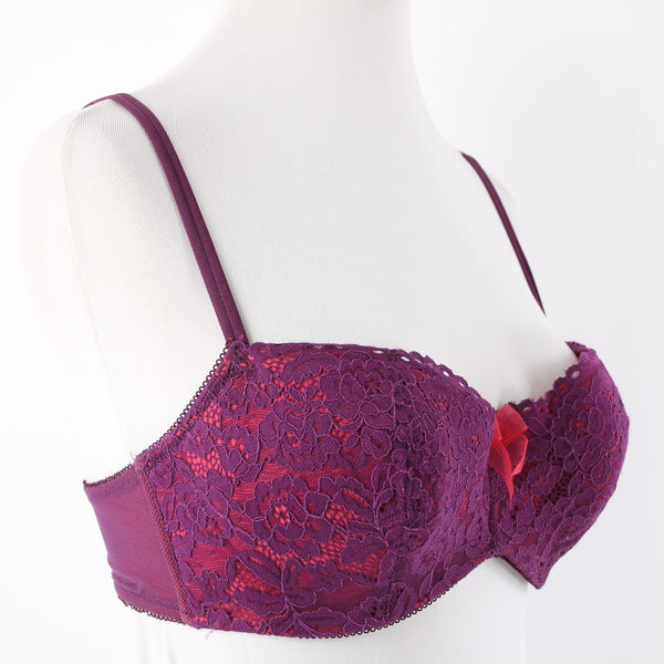 B Tempted Sz 34D Purple Lace Hot Pink Lined Lacey Balconette Nylon Blend Bra