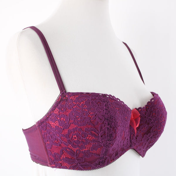 B Tempted Sz 34D Purple Lace Hot Pink Lined Lacey Balconette Nylon Blend Bra