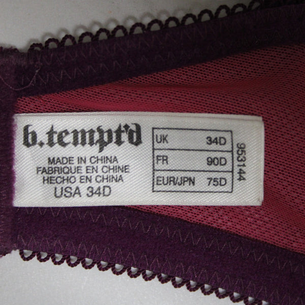 B Tempted Sz 34D Purple Lace Hot Pink Lined Lacey Balconette Nylon Blend Bra