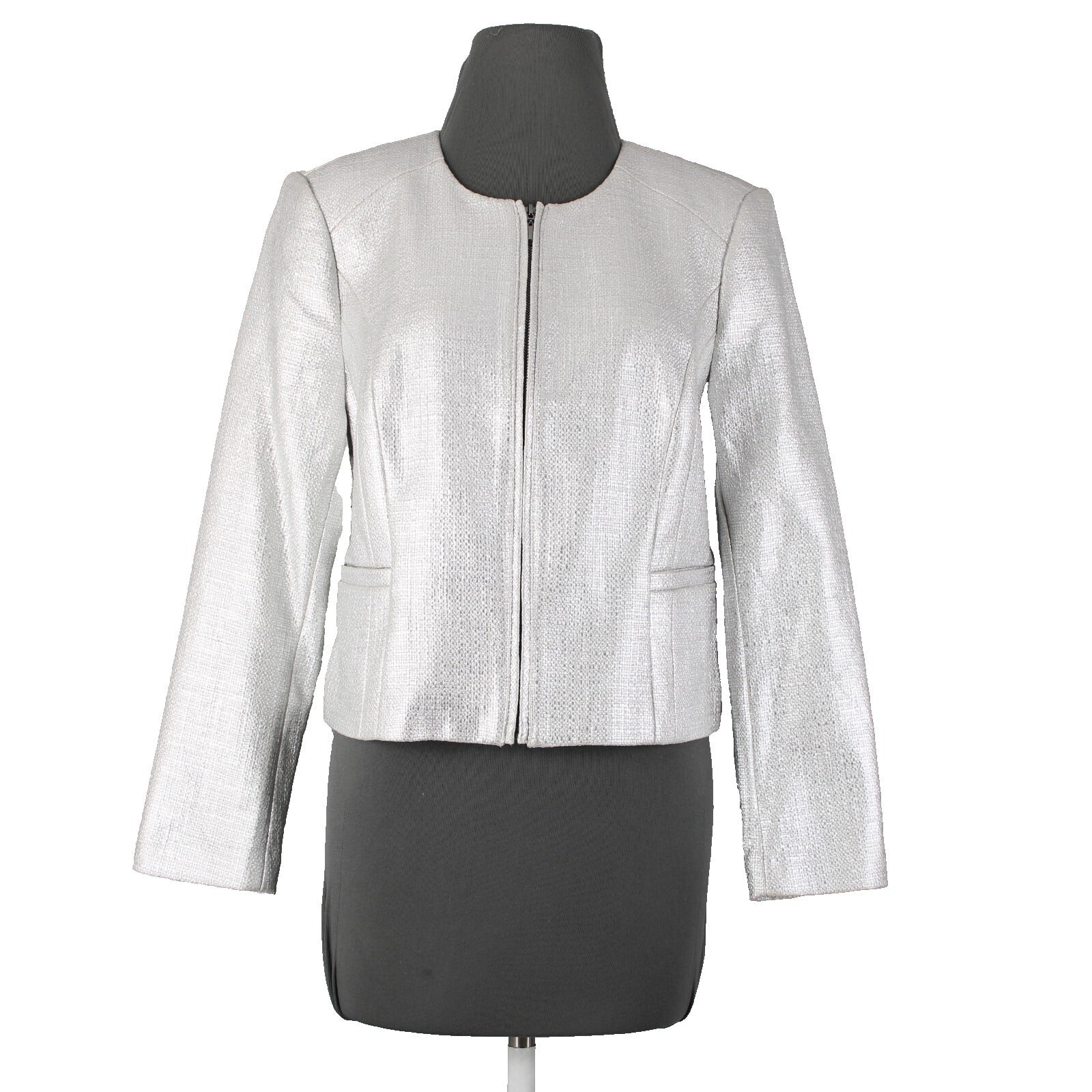 White House Black Market NEW Sz 12P Silver Metallic Tweed Cotton Poly Jacket