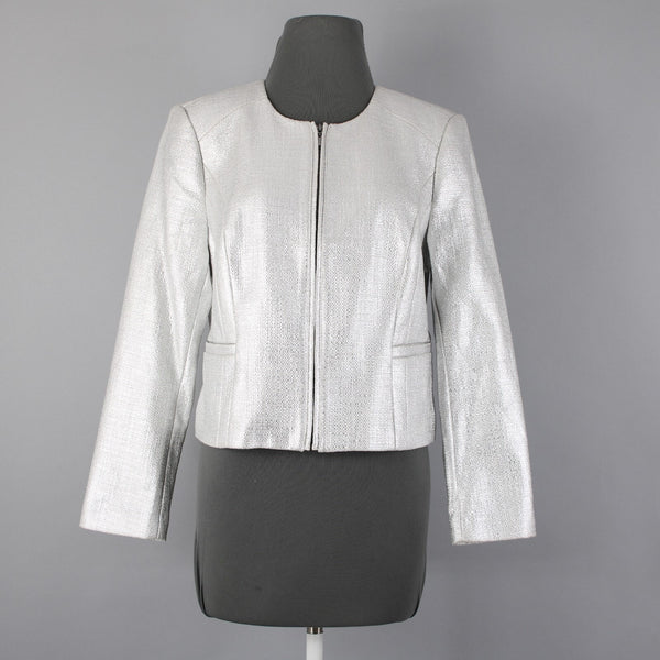 White House Black Market NEW Sz 12P Silver Metallic Tweed Cotton Poly Jacket
