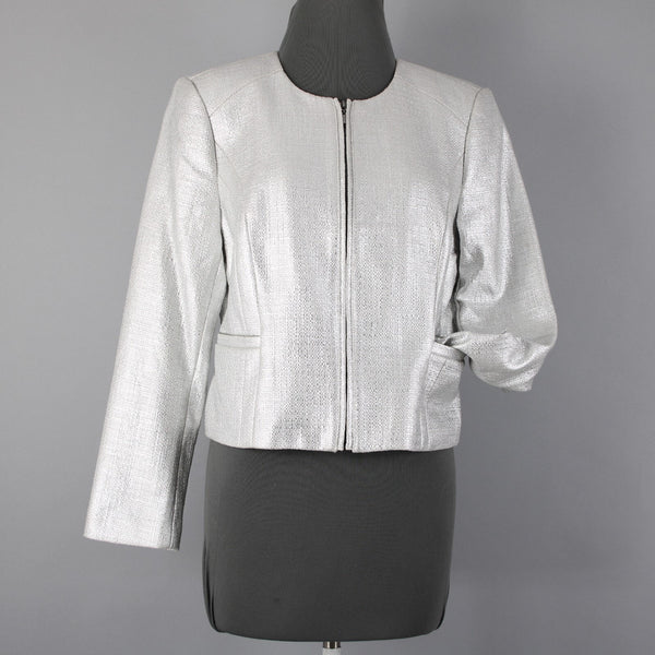 White House Black Market NEW Sz 12P Silver Metallic Tweed Cotton Poly Jacket