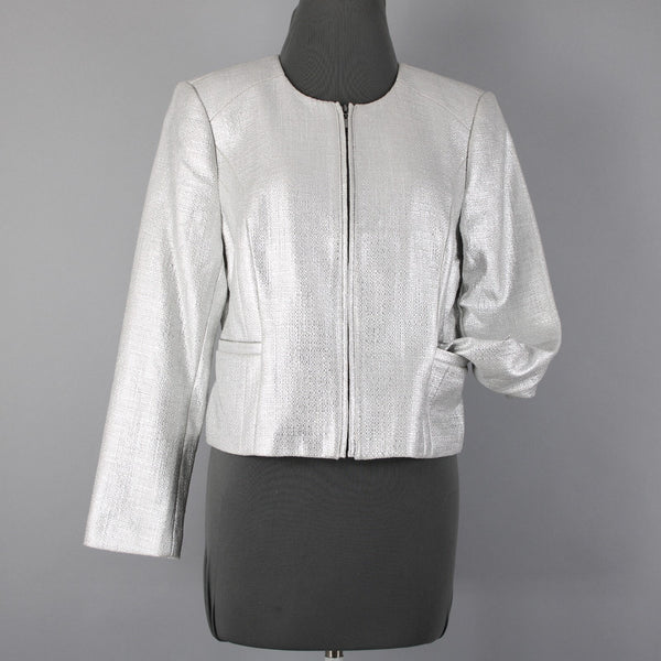 White House Black Market NEW Sz 12P Silver Metallic Tweed Cotton Poly Jacket