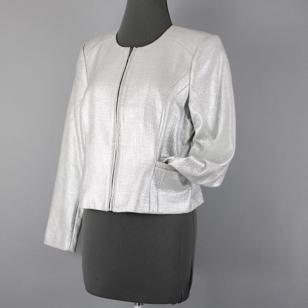 White House Black Market NEW Sz 12P Silver Metallic Tweed Cotton Poly Jacket