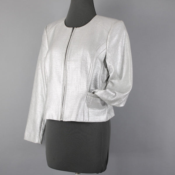 White House Black Market NEW Sz 12P Silver Metallic Tweed Cotton Poly Jacket
