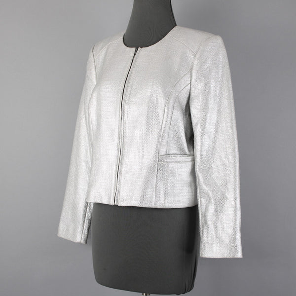 White House Black Market NEW Sz 12P Silver Metallic Tweed Cotton Poly Jacket