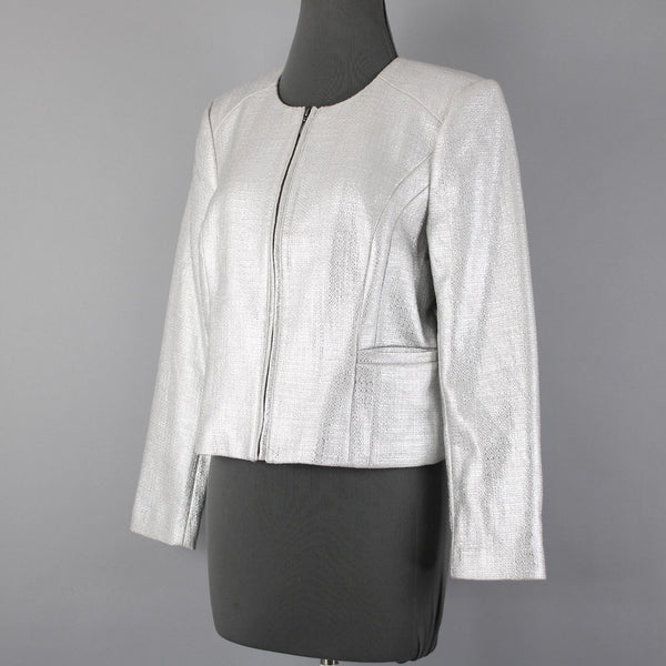 White House Black Market NEW Sz 12P Silver Metallic Tweed Cotton Poly Jacket