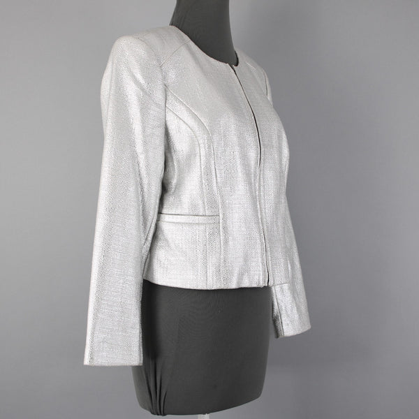 White House Black Market NEW Sz 12P Silver Metallic Tweed Cotton Poly Jacket