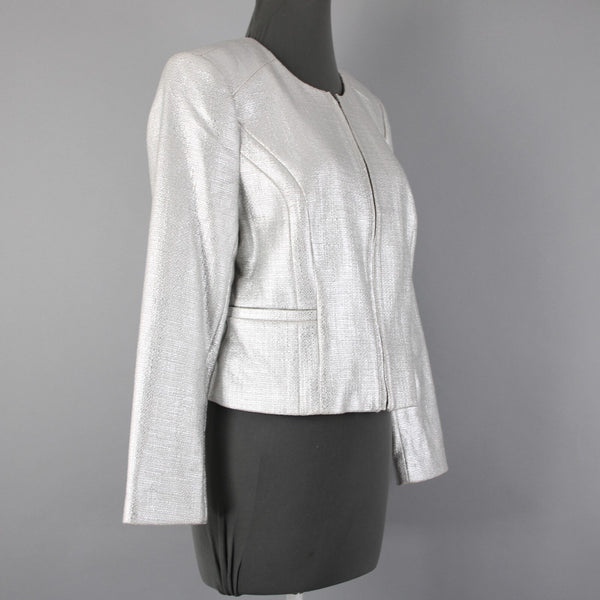 White House Black Market NEW Sz 12P Silver Metallic Tweed Cotton Poly Jacket
