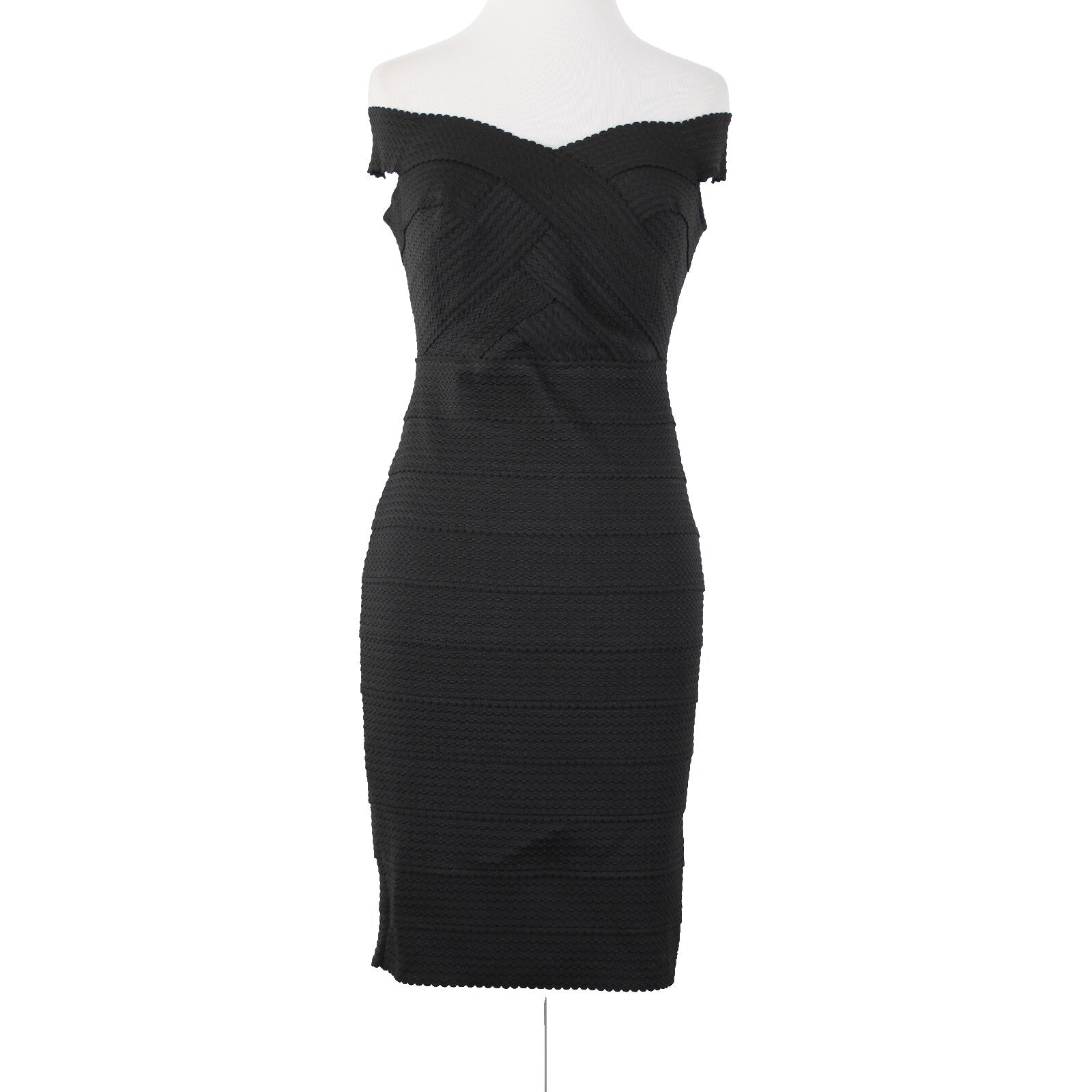 New Look Sz 10 Black Off Shoulders V Neck Textured Polyester Body Con Dress