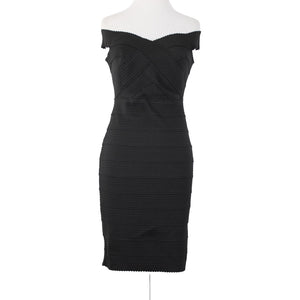 New Look Sz 10 Black Off Shoulders V Neck Textured Polyester Body Con Dress