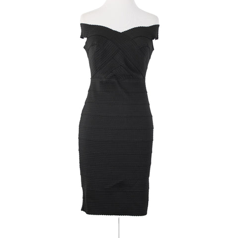 New Look Sz 10 Black Off Shoulders V Neck Textured Polyester Body Con Dress