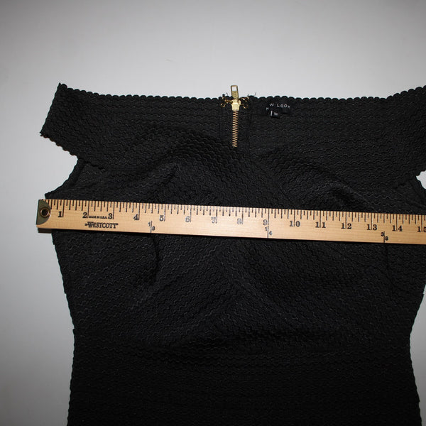 New Look Sz 10 Black Off Shoulders V Neck Textured Polyester Body Con Dress