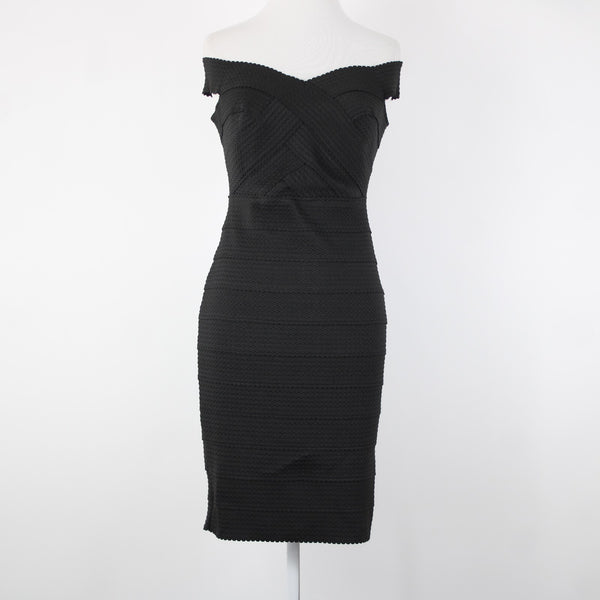 New Look Sz 10 Black Off Shoulders V Neck Textured Polyester Body Con Dress