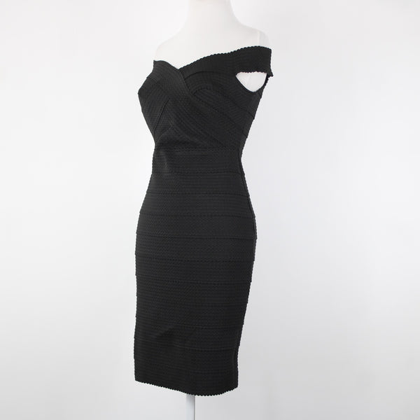 New Look Sz 10 Black Off Shoulders V Neck Textured Polyester Body Con Dress