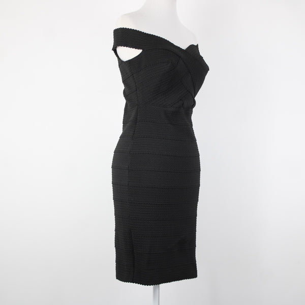 New Look Sz 10 Black Off Shoulders V Neck Textured Polyester Body Con Dress