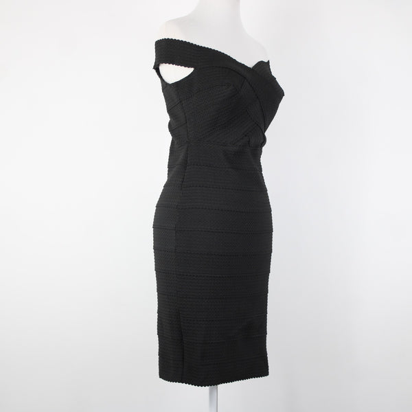 New Look Sz 10 Black Off Shoulders V Neck Textured Polyester Body Con Dress