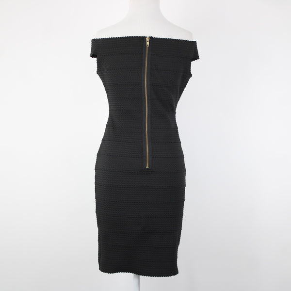 New Look Sz 10 Black Off Shoulders V Neck Textured Polyester Body Con Dress