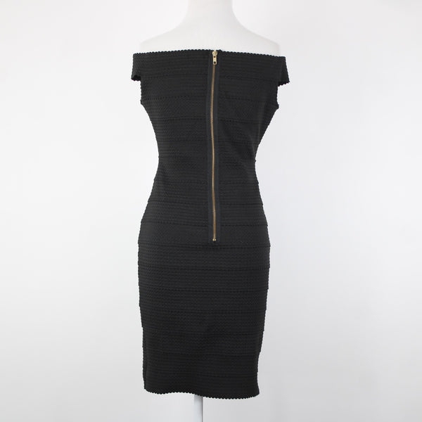 New Look Sz 10 Black Off Shoulders V Neck Textured Polyester Body Con Dress