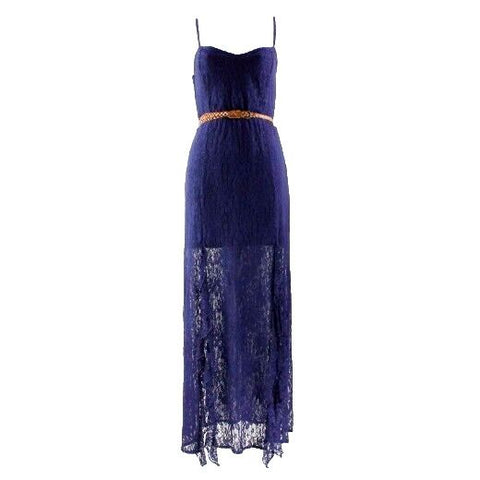 Heart Soul Sz L Navy Blue Short Slip Lace Overlay Belted Polyester Dress